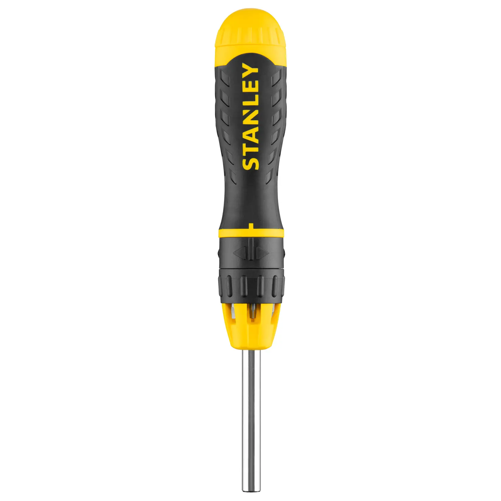 Stanley black and yellow multi-bit screwdriver with ergonomic handle, shown upright on a white background.