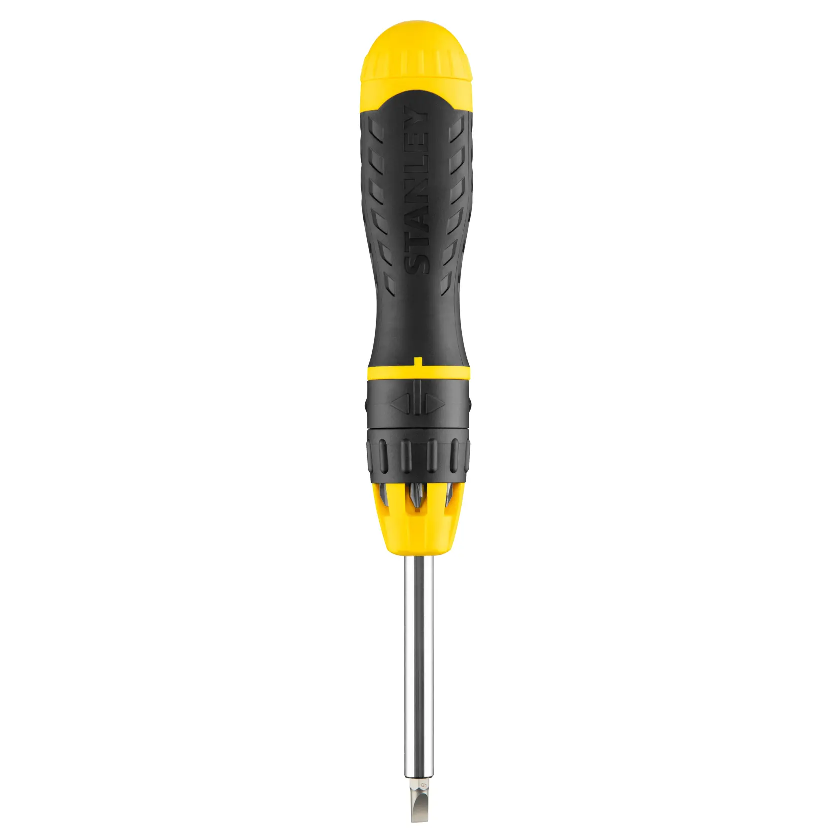 Stanley screwdriver with black and yellow handle, shown upright on white background.