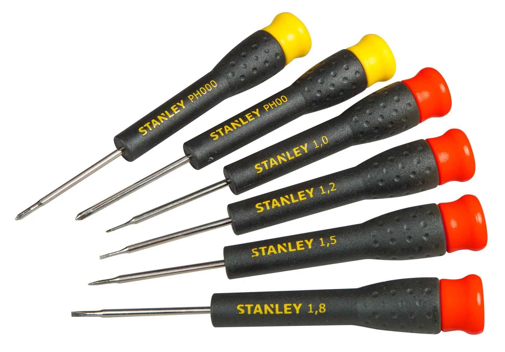 STANLEY STHT0-62631 precision screwdriver set, black handles with colored ends, top view.