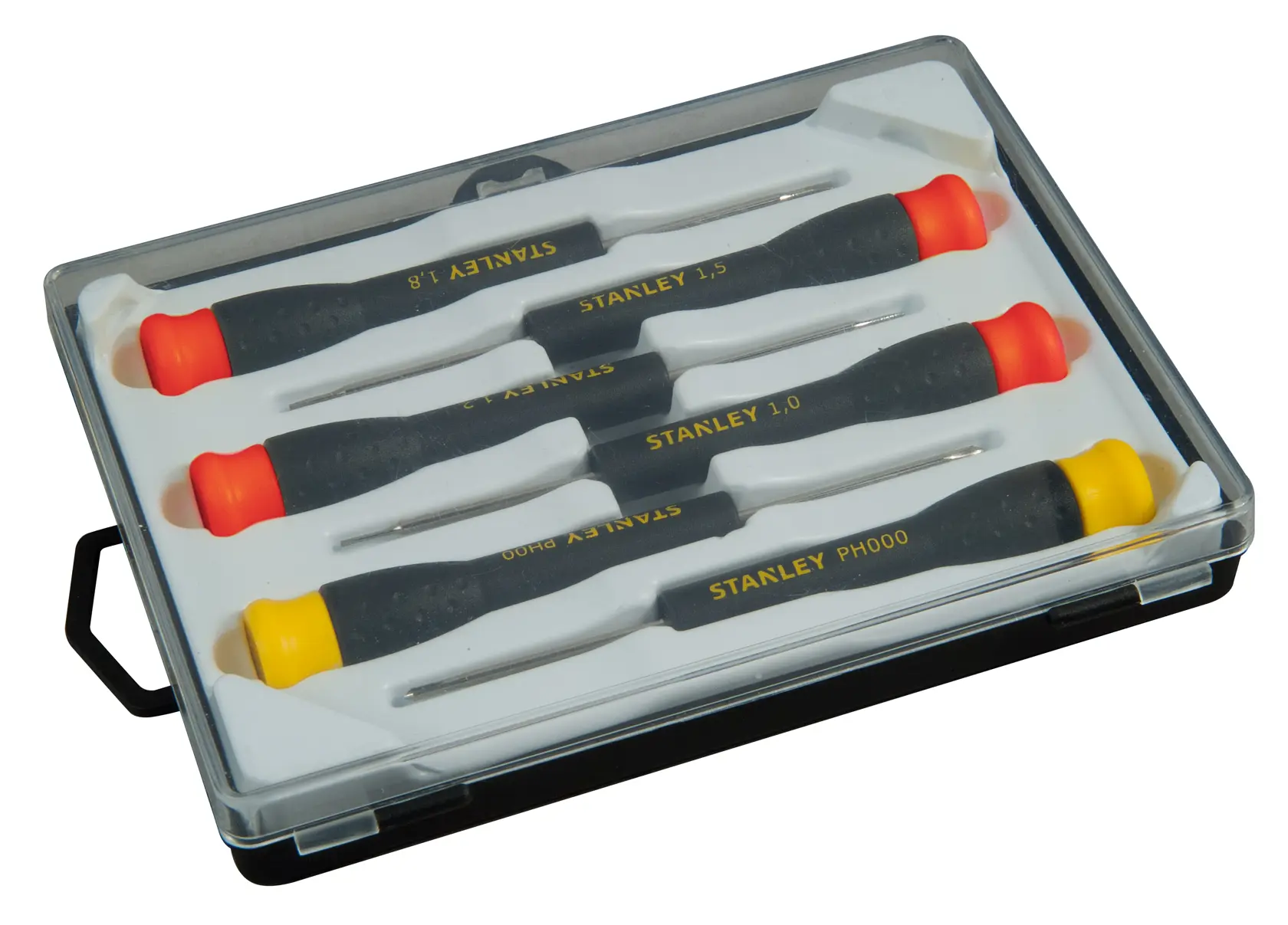 Stanley precision screwdriver set with four tools in a transparent plastic case.
