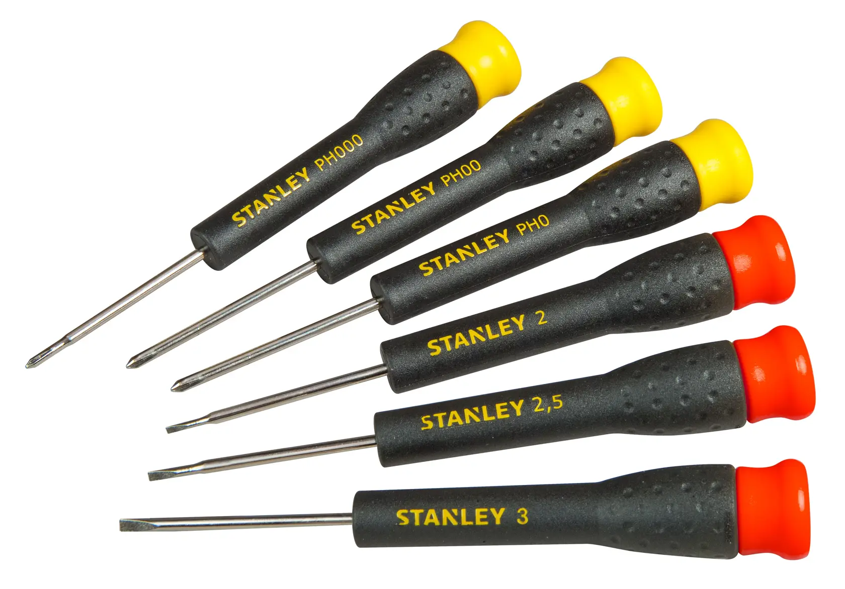 Stanley precision screwdriver set with black handles and colored tips, six different sizes.