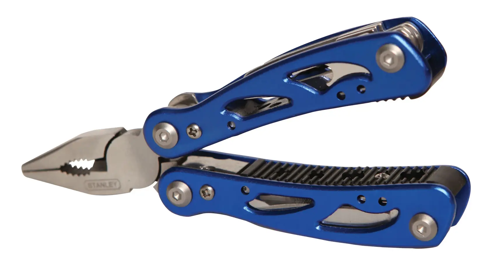 Photo of STANLEY STHT0-70648 blue multi-tool pliers, angled on white background, metal and blue handles.