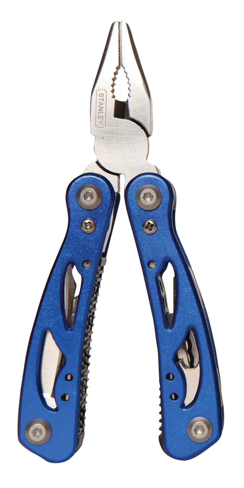 STANLEY STHT0-70648 blue multi-tool pliers, photographed from the front on white background.