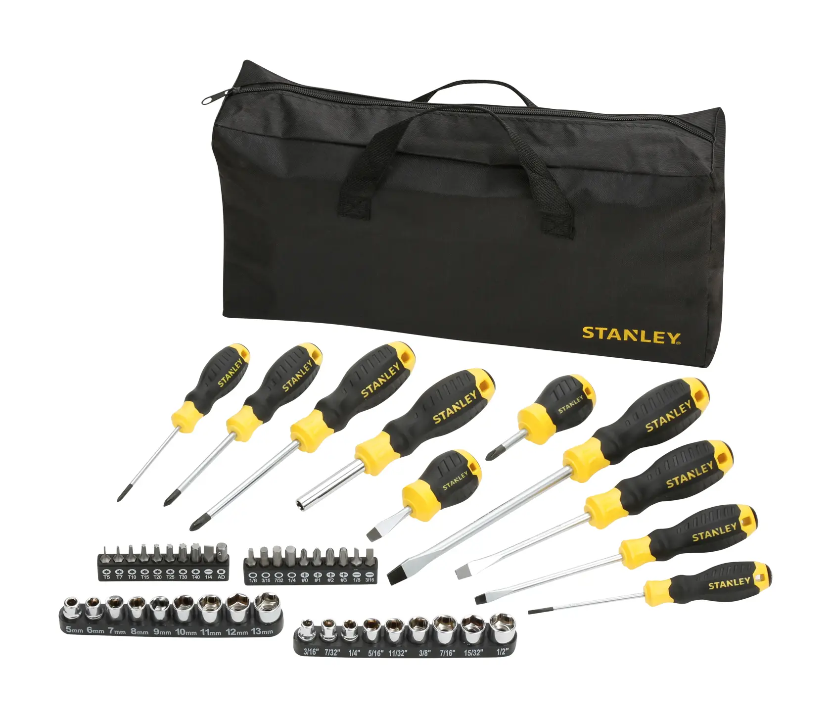 Stanley tool kit with screwdrivers, bits, sockets, and black carrying bag displayed on white background.