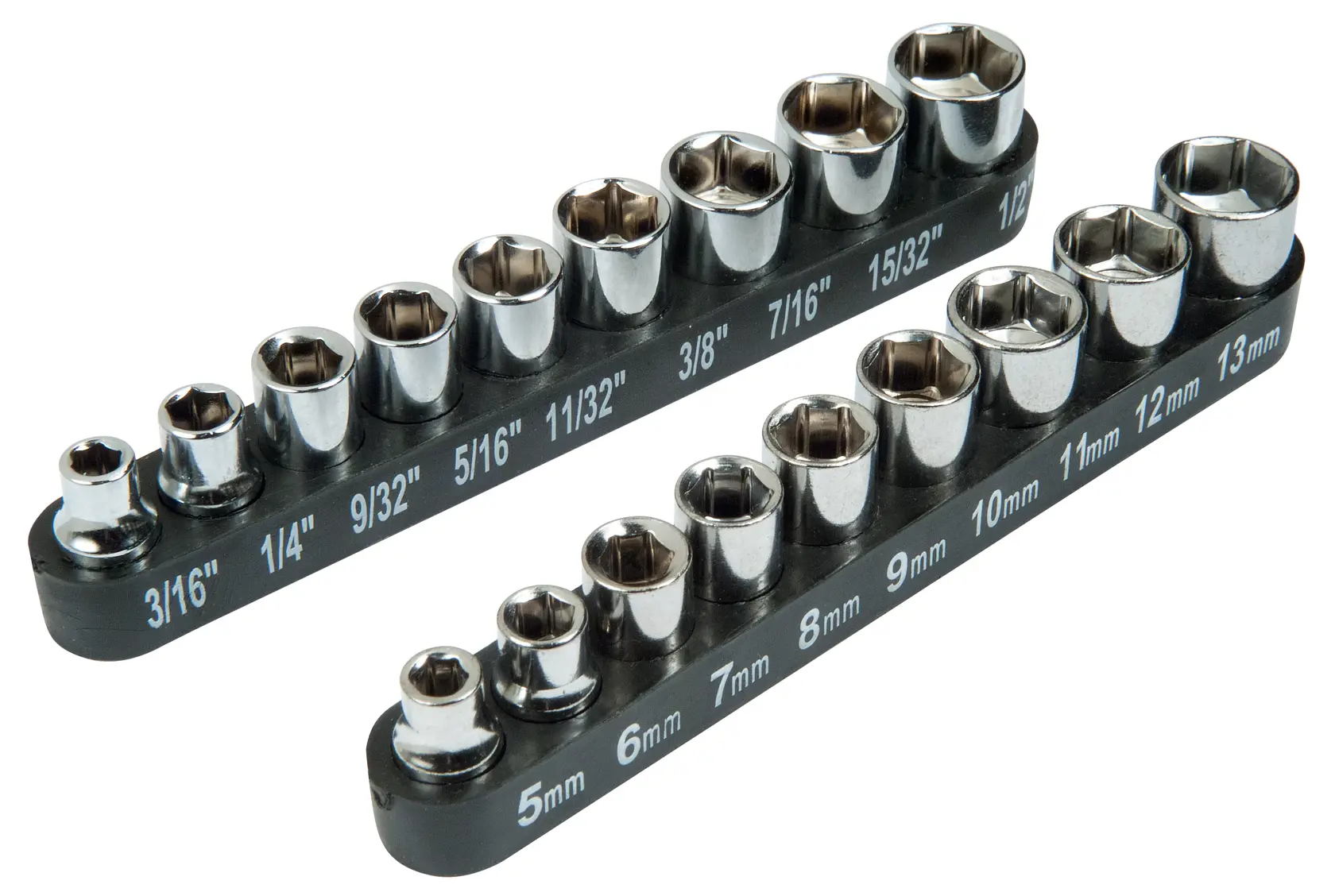 Stanley socket set with metric and imperial sizes on two black racks for tool organization.