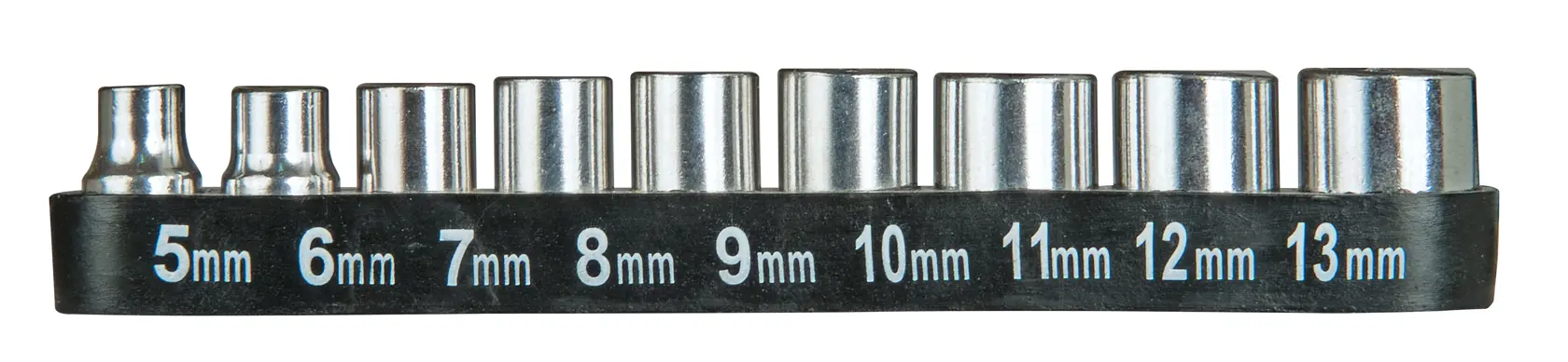Set of nine metric socket heads in sizes 5 to 13mm, arranged in a holder with size labels.