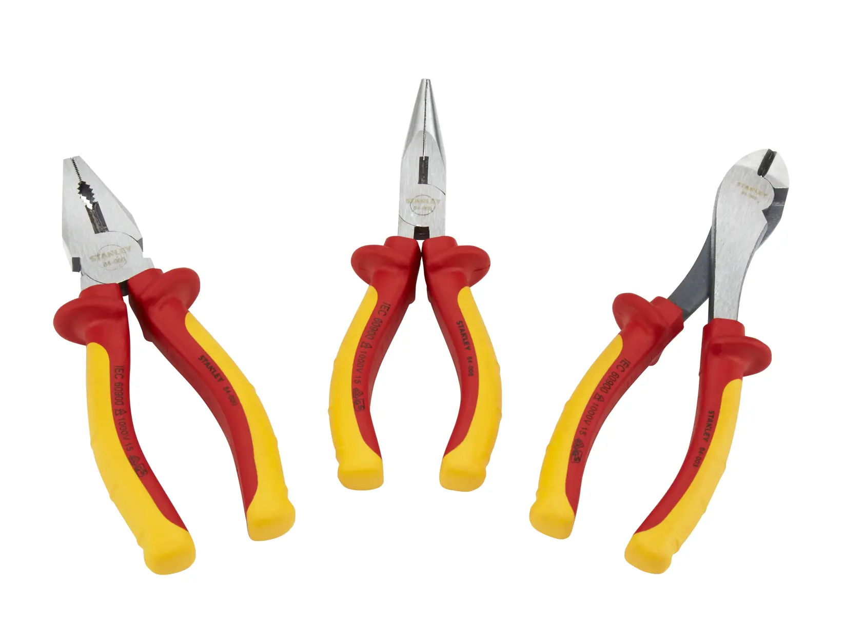 STANLEY STHT0-73920 pliers set, three types with red and yellow insulated handles, front angle on white background.