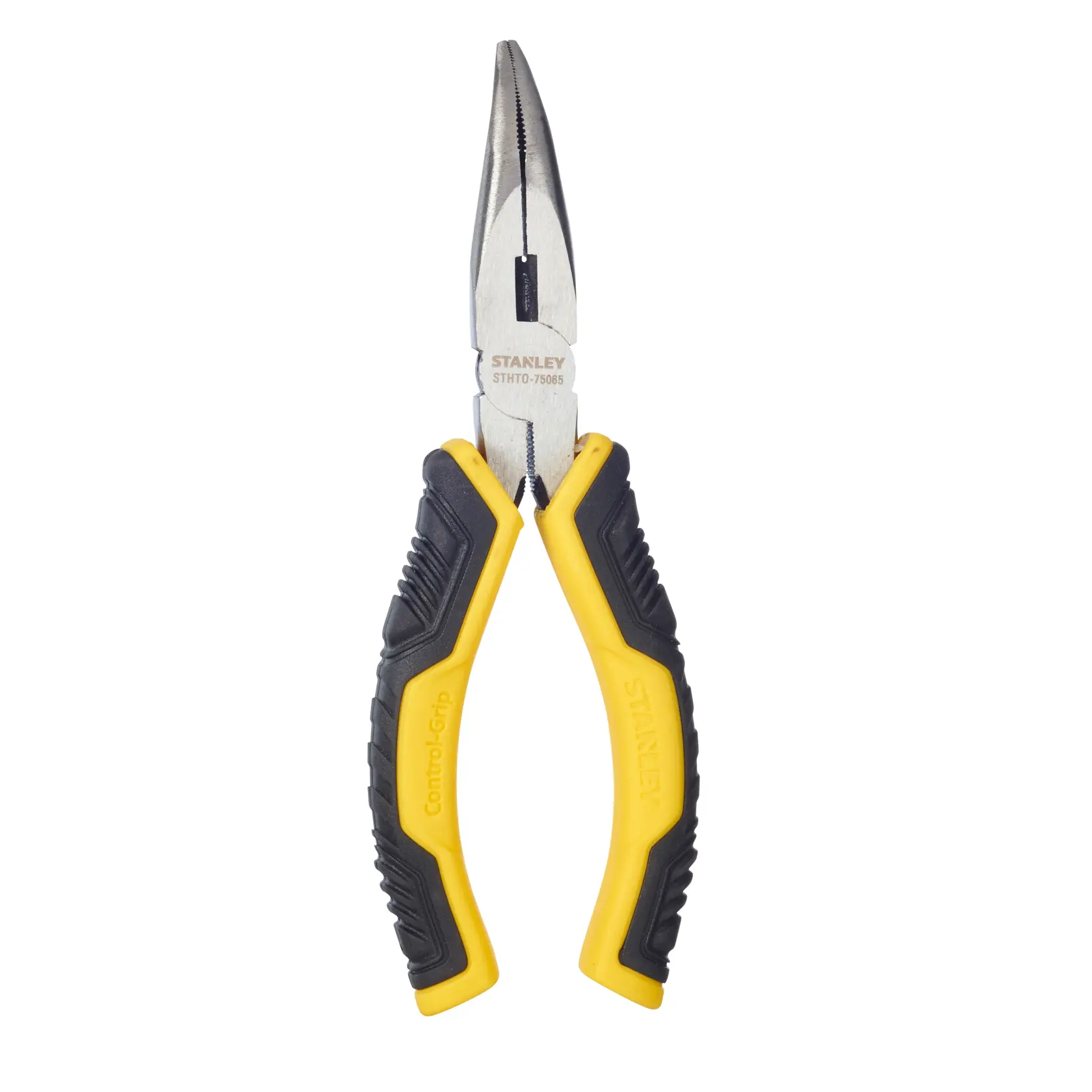 Photo of STANLEY STHT0-75065 combination pliers with yellow and black Control-Grip handles, front angle on white.