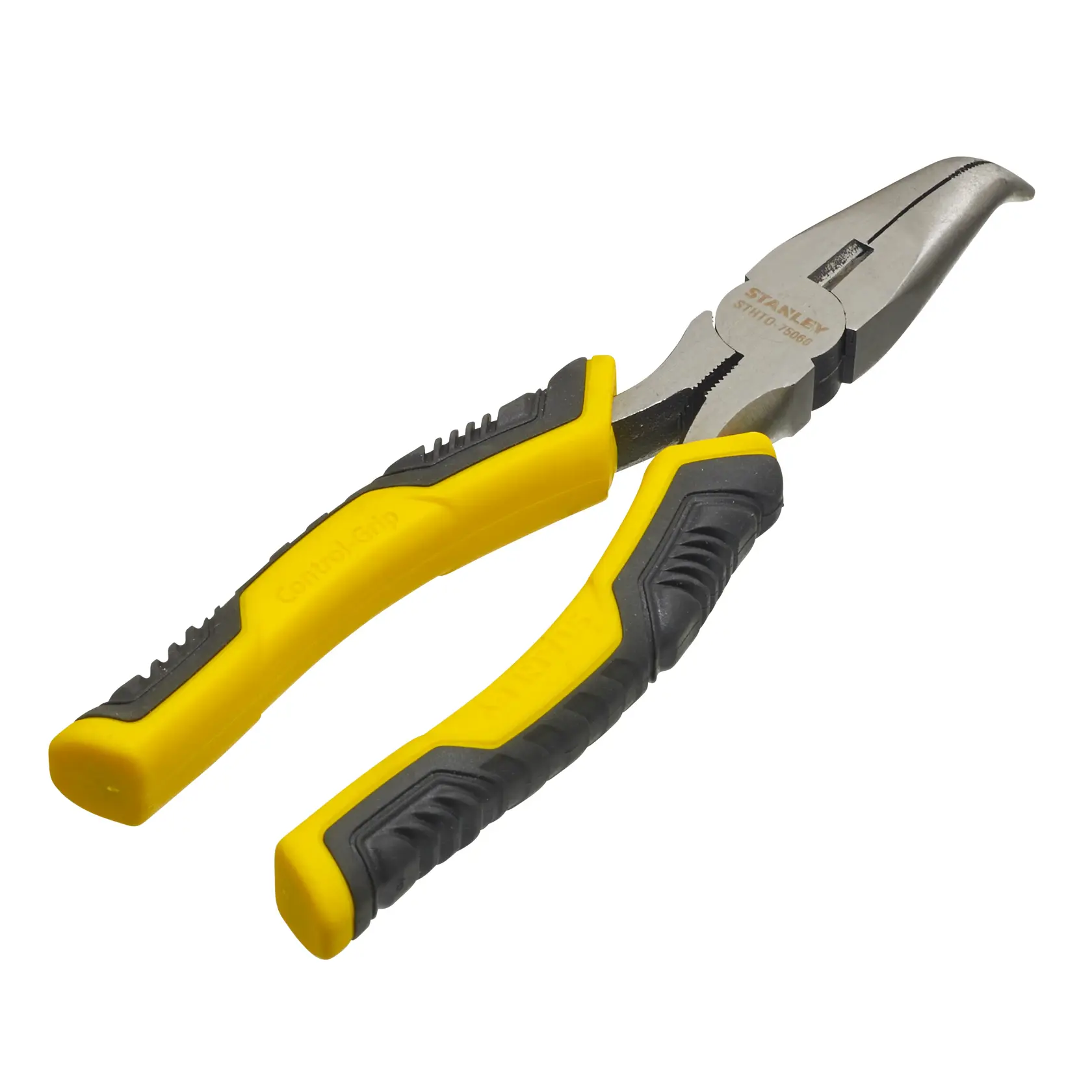 STANLEY STHT0-75066 pliers with yellow and black Control-Grip handles, angled view on white background.