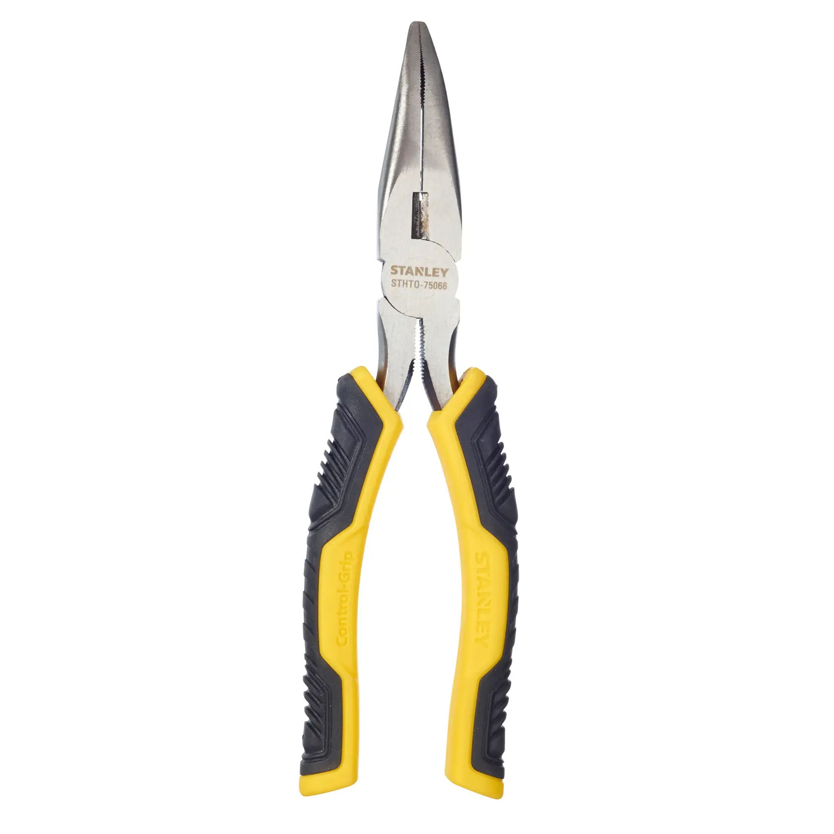Stanley STHT0-75066 long nose pliers with yellow and black ergonomic handles, tool shown on white background.