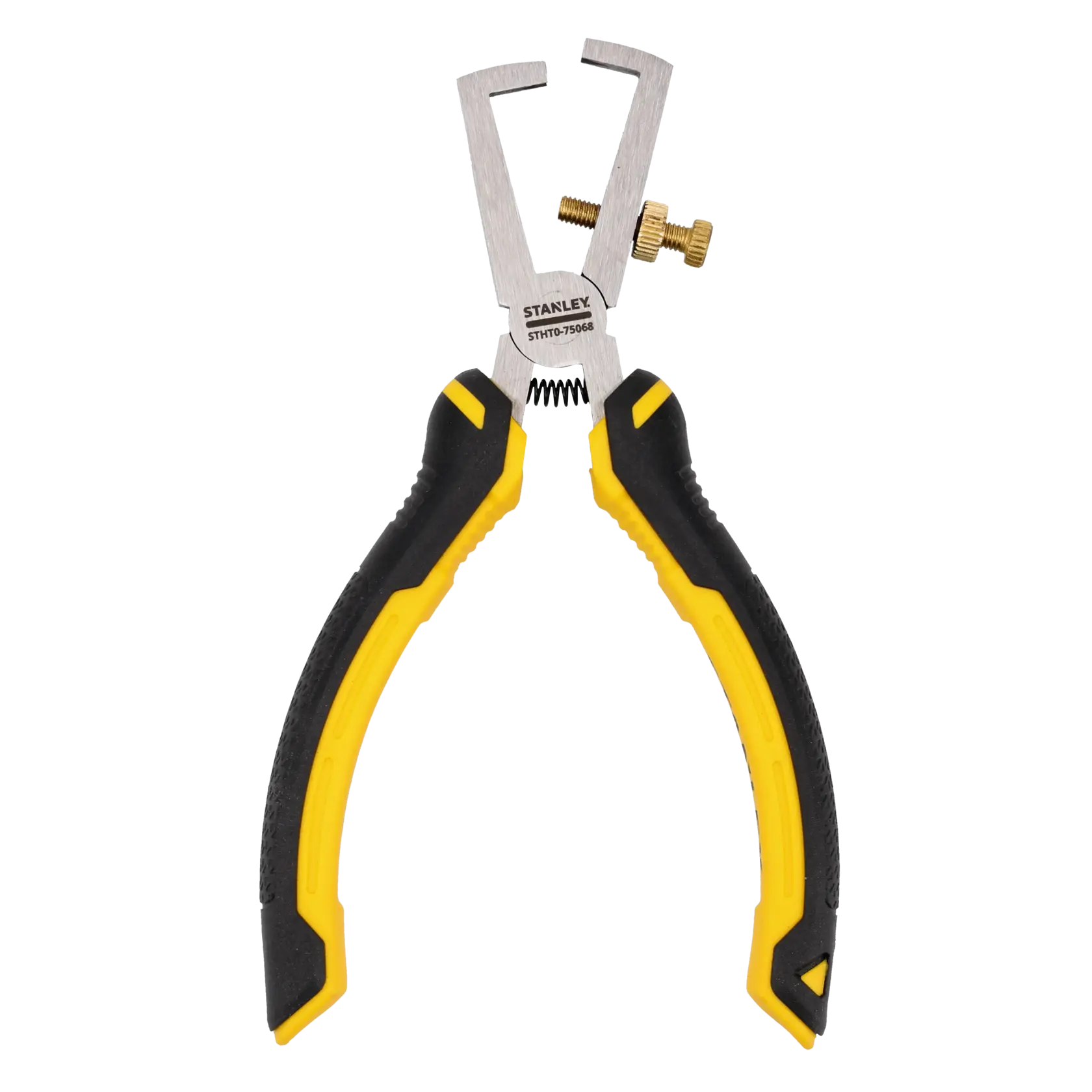 Stanley wire stripper tool with black and yellow handles and adjustable screw, STHT0-75068.