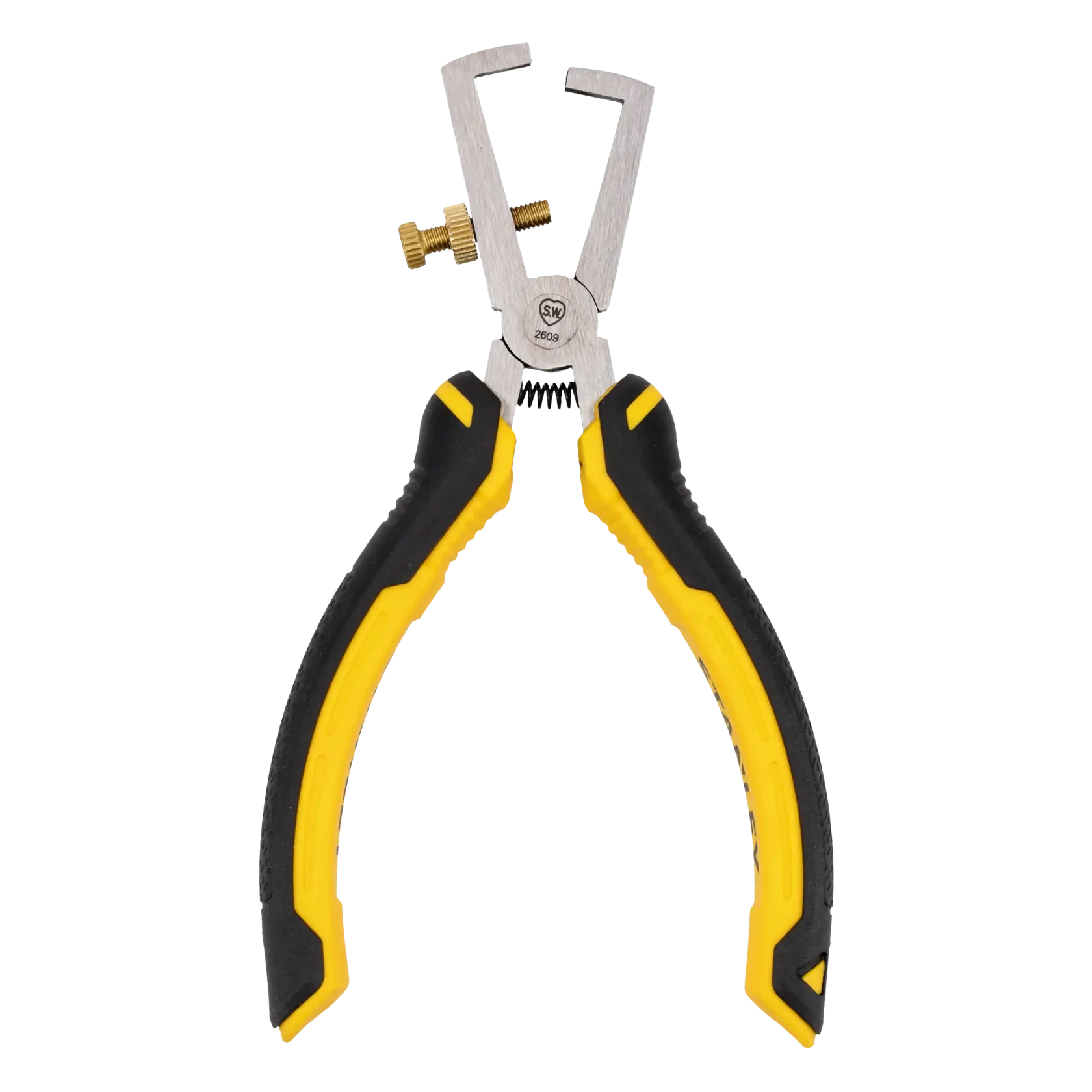 Stanley wire stripper tool with yellow and black ergonomic handles, used for cable stripping tasks.