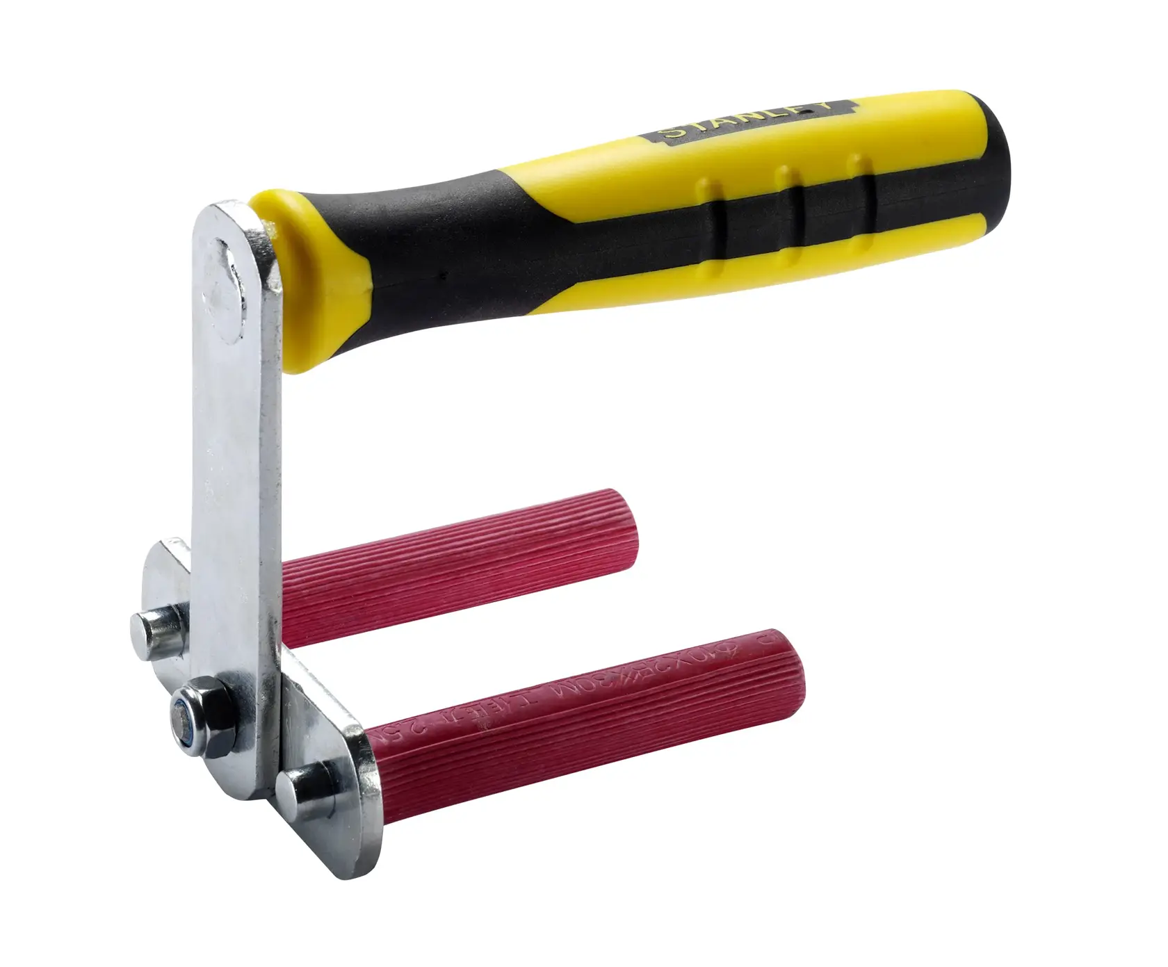 Stanley tool with yellow handle and metal parts, featuring two red bars for gripping or alignment.