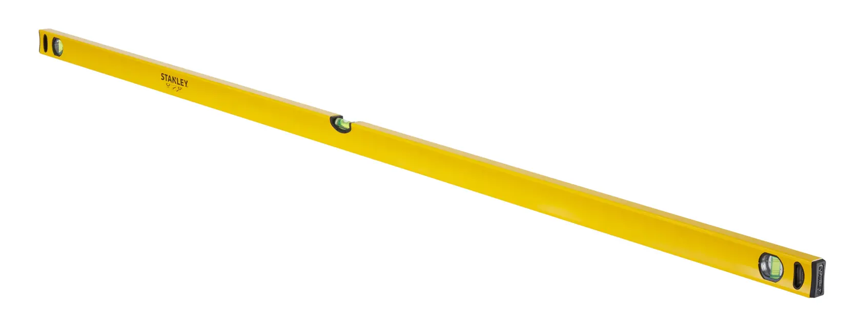 Photo of STANLEY STHT1-43108 yellow spirit level with three vials on white background, side angle view.