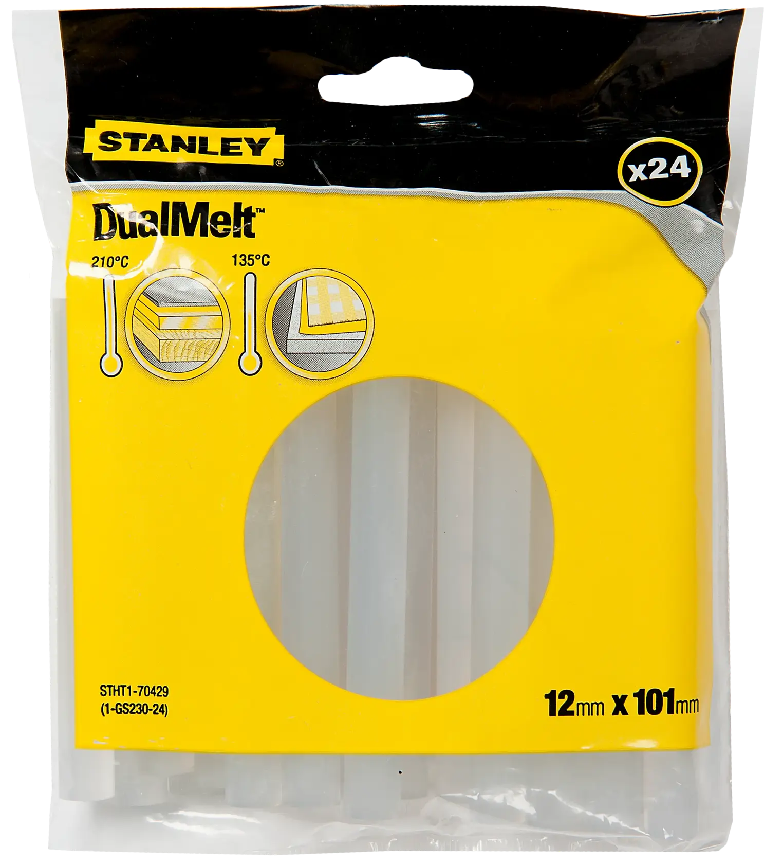Photo of STANLEY STHT1-70429 DualMelt glue sticks pack, 24 clear sticks, 12mm x 101mm, front view.