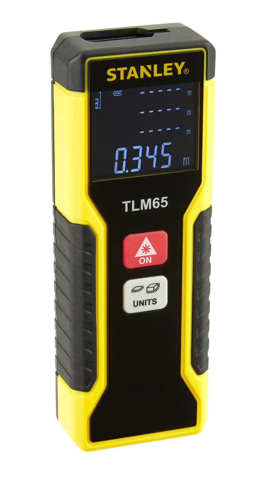 STANLEY STHT1-77032 laser distance measurer TLM65, black and yellow, front angle, display showing 0.345 meters.