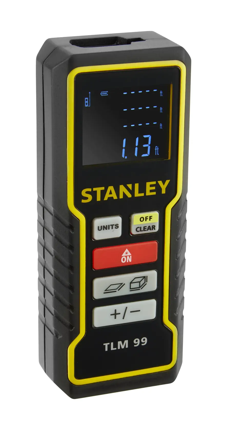 STANLEY STHT1-77138 TLM 99 laser distance measurer, black and yellow, angled view, digital display.