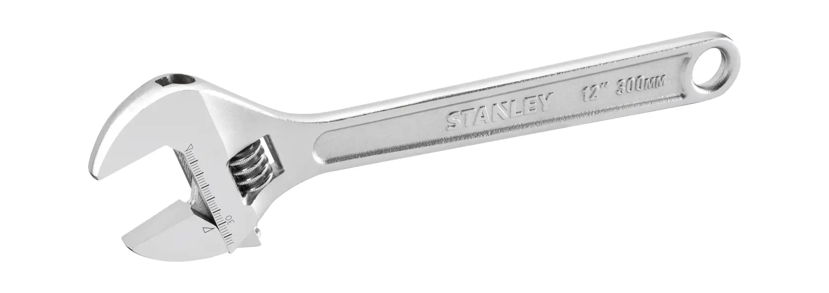 STANLEY 12-inch adjustable wrench with metric scale, silver metal finish, hole at handle end.