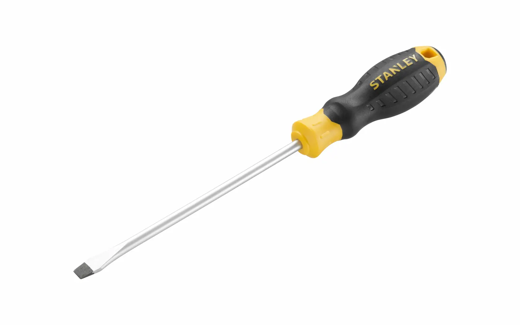 STANLEY STHT16148-0 flathead screwdriver, black and yellow handle, angled on white background.