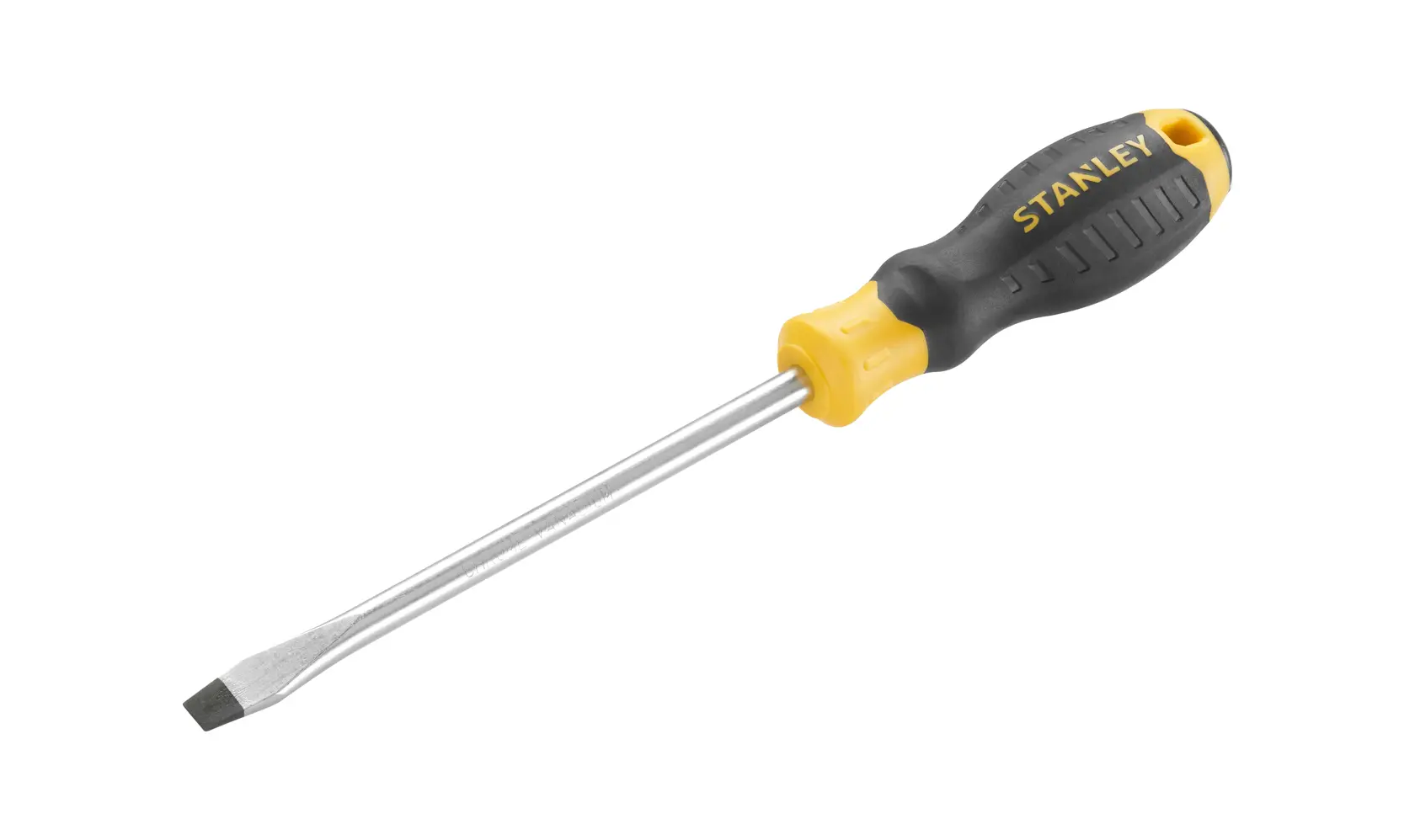 STANLEY STHT16149-0 slotted screwdriver with yellow and black handle, photography on white background.