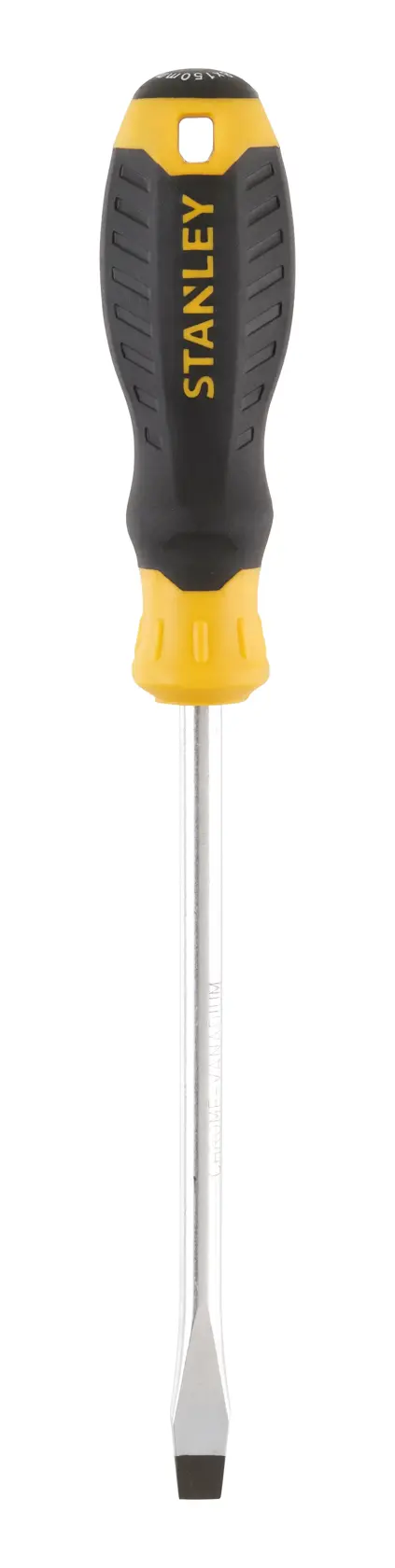 STANLEY STHT16149-0 slotted screwdriver with black and yellow handle, front view on white background.