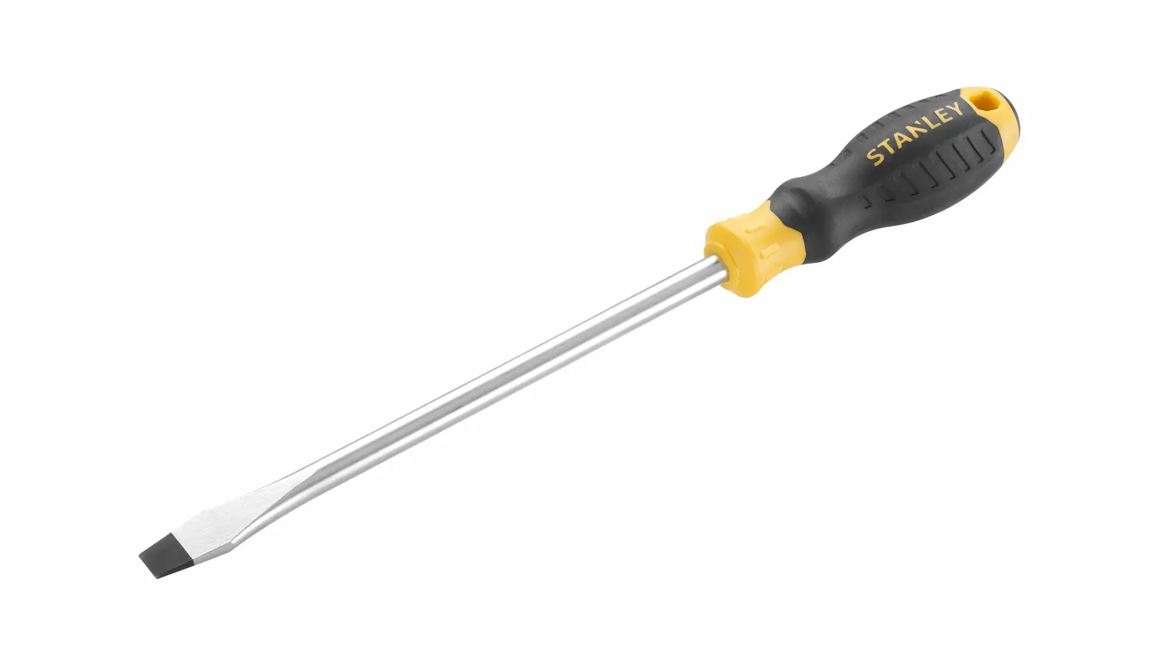 STANLEY STHT16150-0 flathead screwdriver with black and yellow handle, side angle on white background.