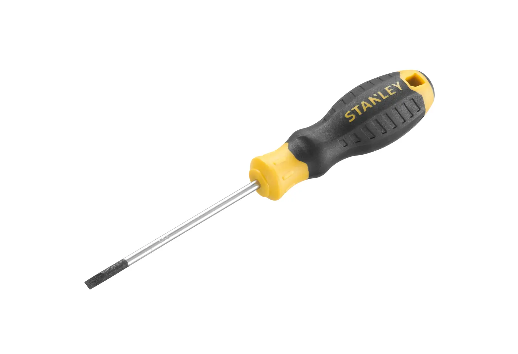 STANLEY STHT16152-0 flathead screwdriver with black and yellow handle, side angle, white background.