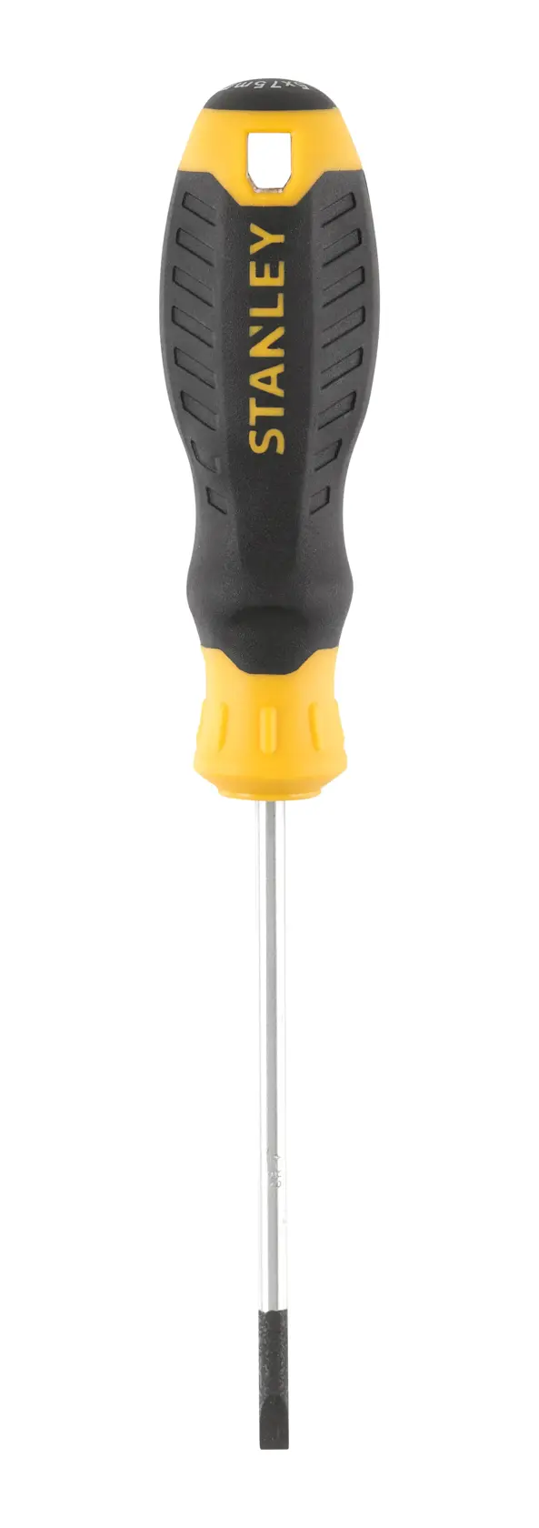 STANLEY STHT16152-0 flathead screwdriver front view, black and yellow handle, silver shaft.