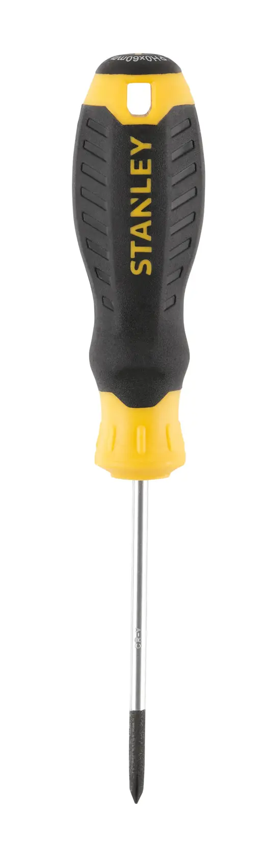 STANLEY STHT16153-0 screwdriver with black and yellow handle, front view, isolated on white background.