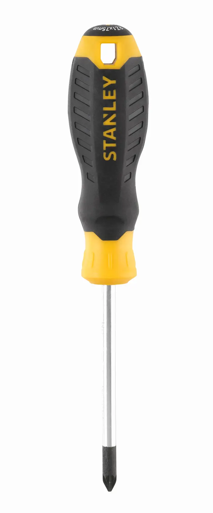 STANLEY STHT16162-0 Phillips screwdriver with black and yellow handle, front angle on white background.