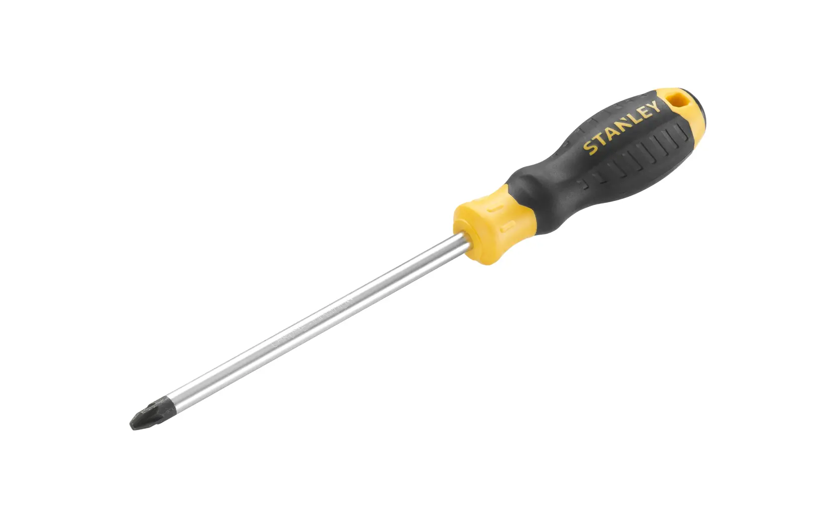 STANLEY STHT16164-0 Phillips screwdriver with black and yellow handle, side angle on white background.