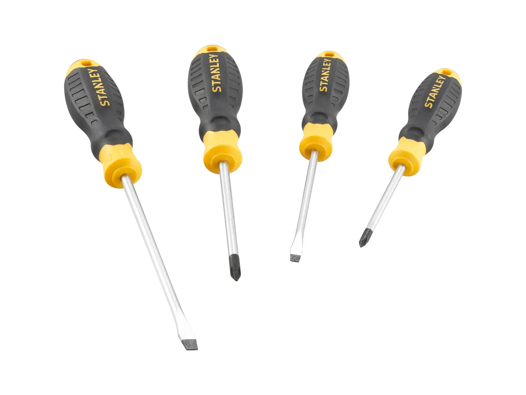 STANLEY STHT16169-0 screwdriver set with black and yellow handles, front angle on white background.