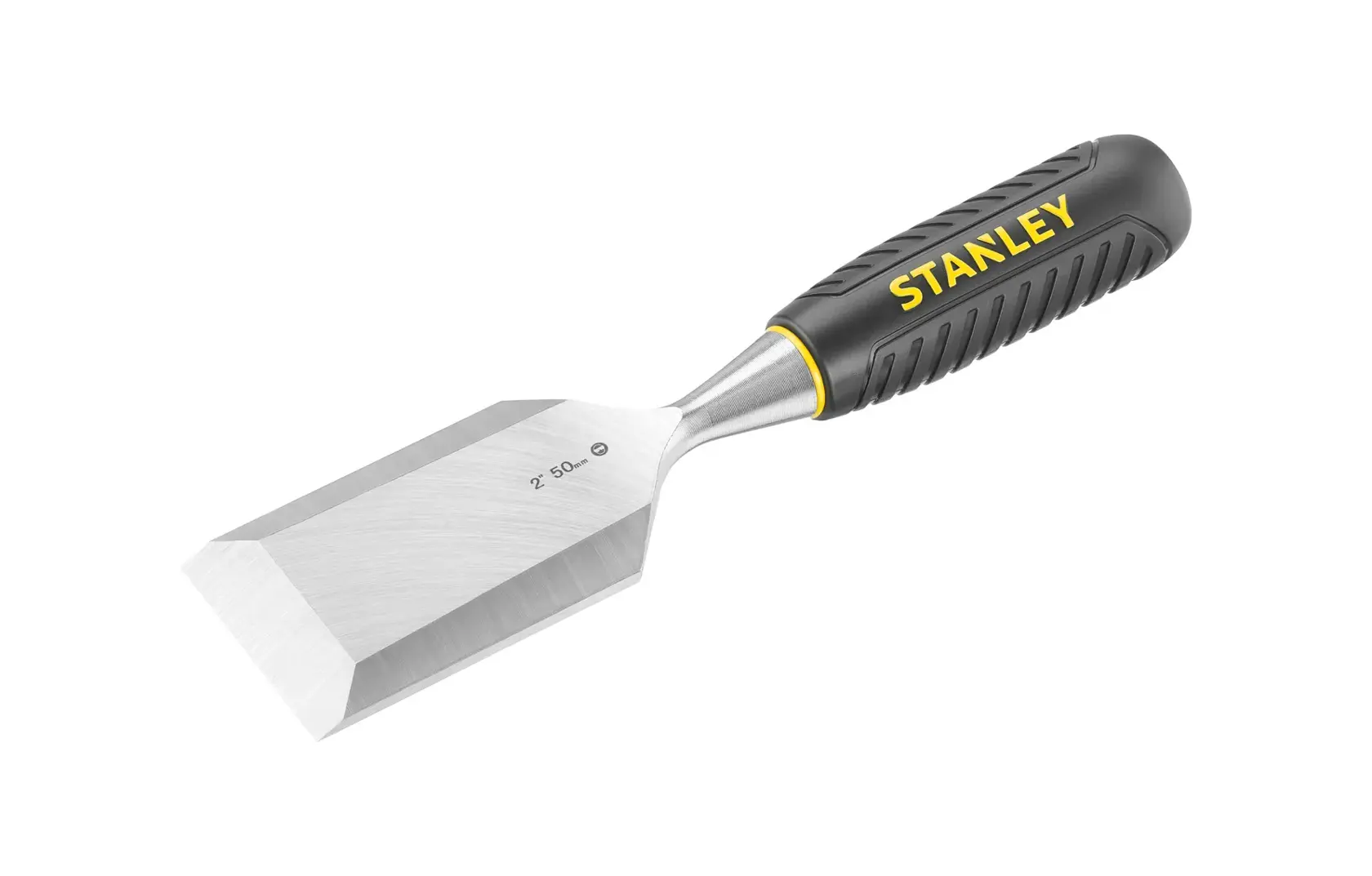 STANLEY STHT16737-0 chisel with black ergonomic handle and beveled steel blade, side view, white background.
