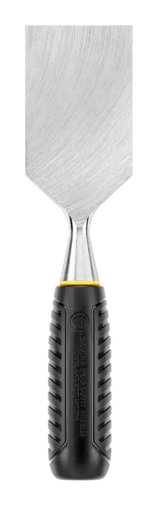 STANLEY STHT16737-0 putty knife with black and yellow ergonomic handle, front view, photography.