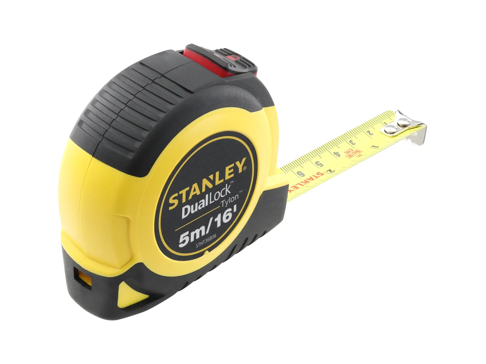 Stanley DualLock Tryon tape measure, 5m/16ft, yellow and black housing, extended metal tape.