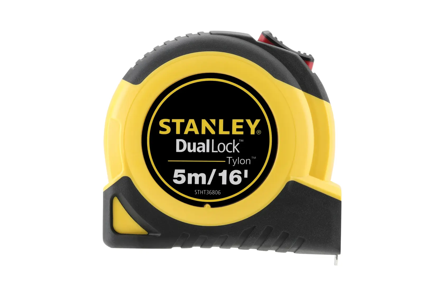Stanley DualLock Tylon tape measure, 5 meters or 16 feet, yellow and black casing, model STHT36806.