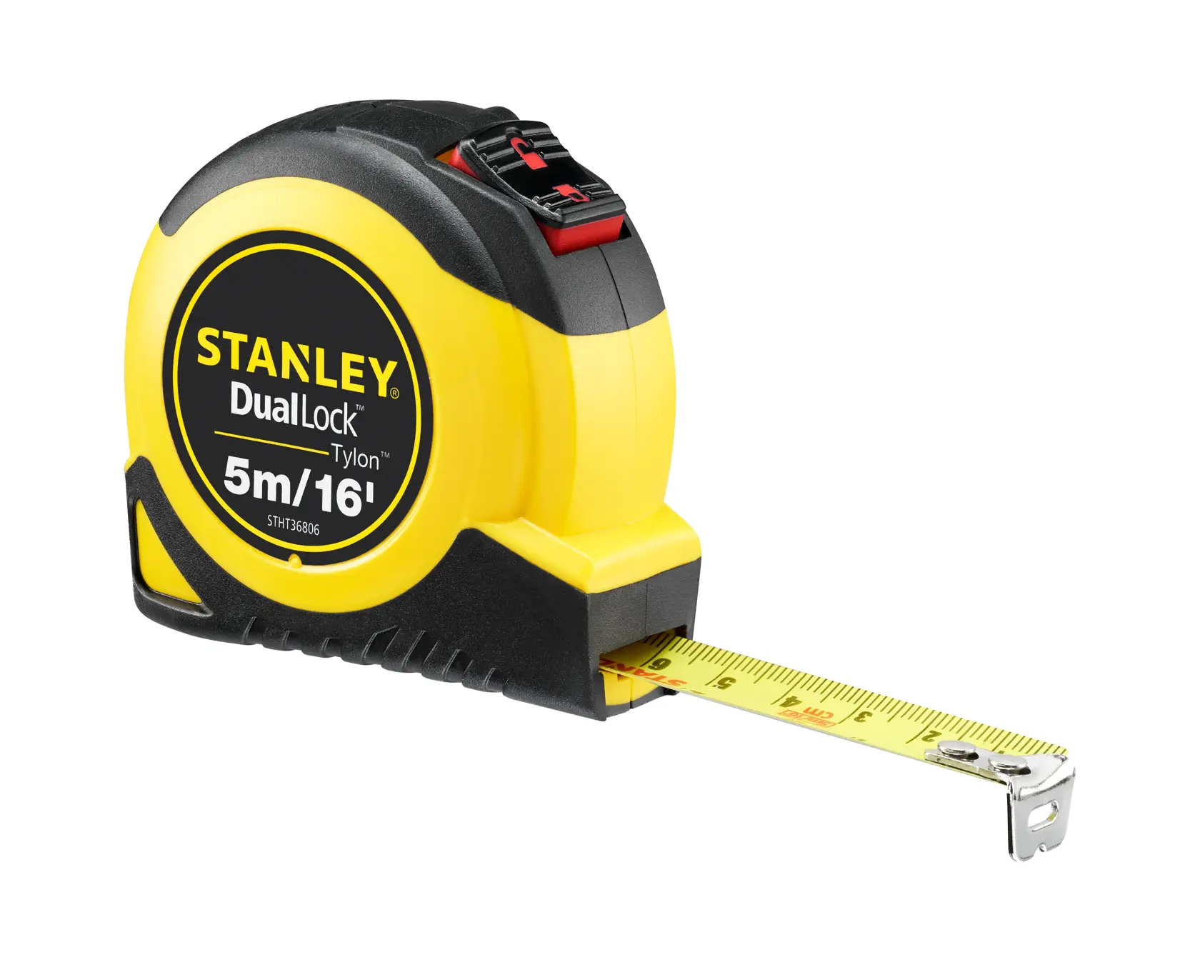 Photo of STANLEY STHT36806-0 DualLock 5m/16' tape measure, yellow and black casing, angled on white background.