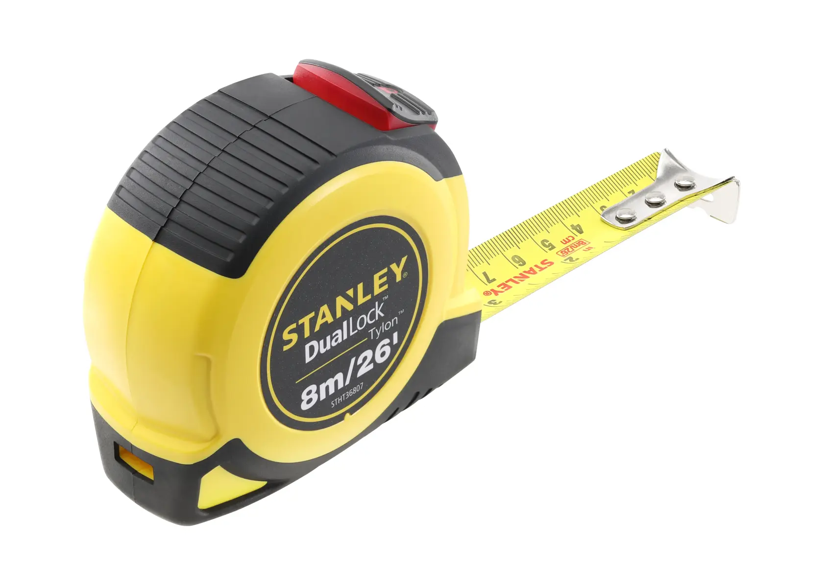 STANLEY STHT36807-0 yellow and black tape measure, DualLock Tylon, 8m/26ft, angled on white background.