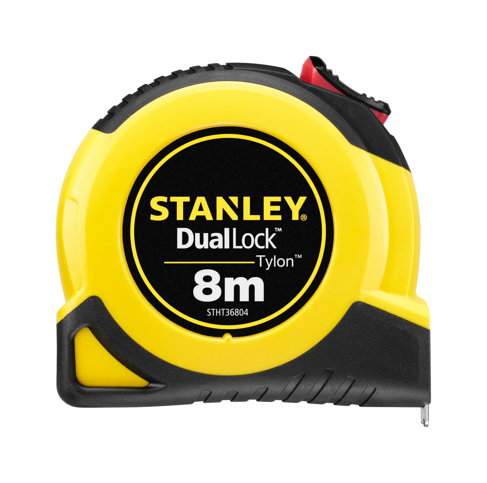 STANLEY STHT36807-0 DualLock Tylon 8m tape measure, yellow and black, front view, photography.
