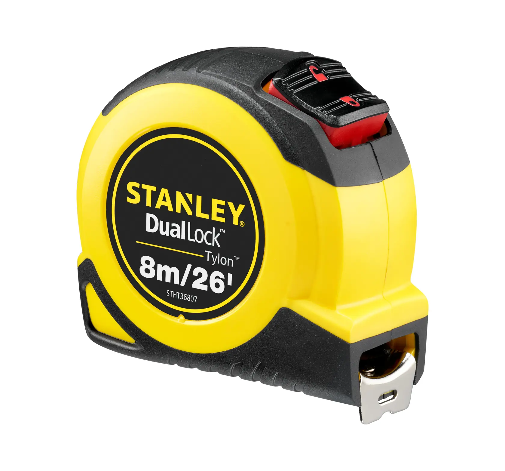 STANLEY STHT36807-0 tape measure, DualLock Tylon, 8m/26ft, yellow and black, angled left, photography.