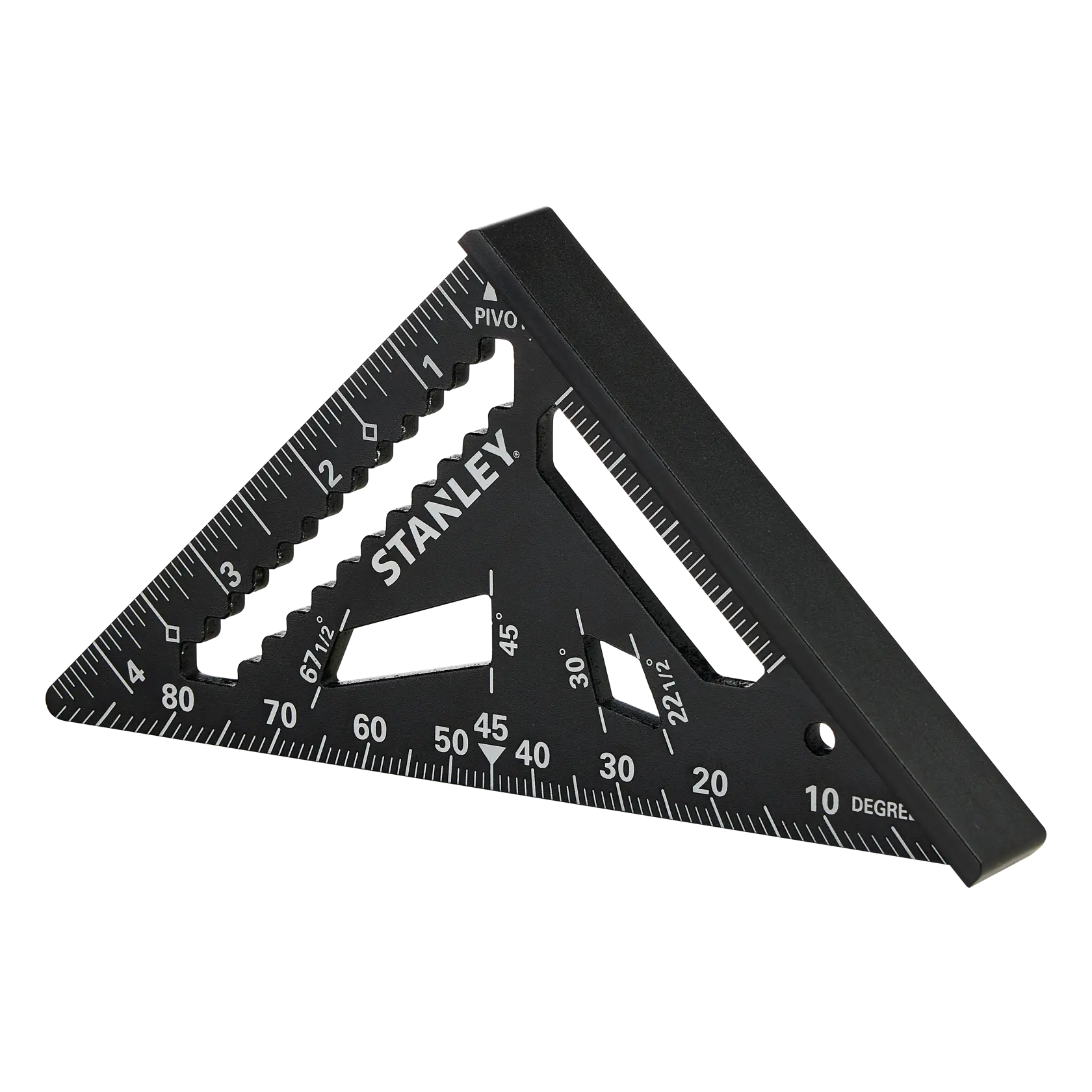 STANLEY STHT46103-0 black rafter square with white measurement markings, angled on white background.
