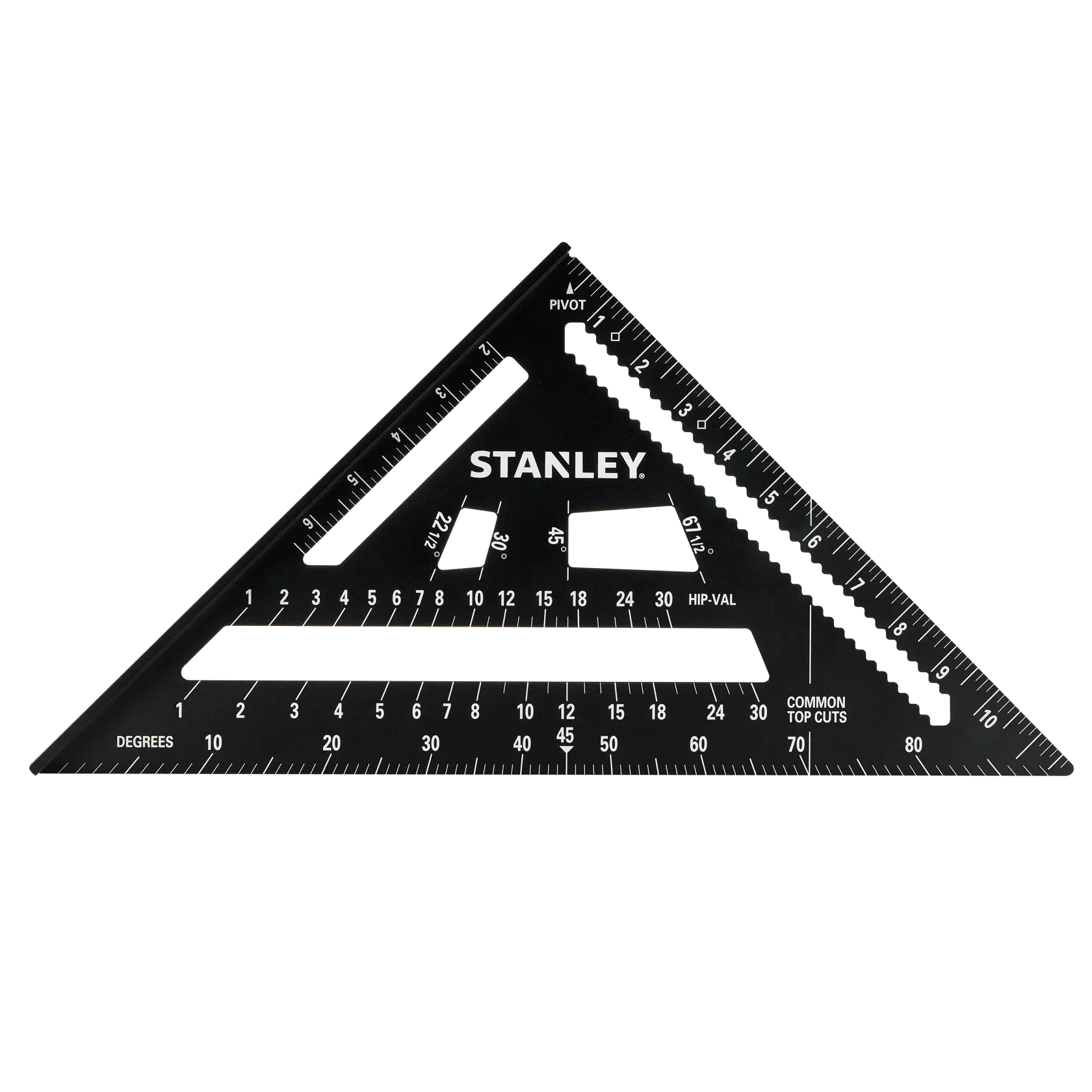 STANLEY STHT46105-0 black aluminum rafter square with white markings, top view on white background.