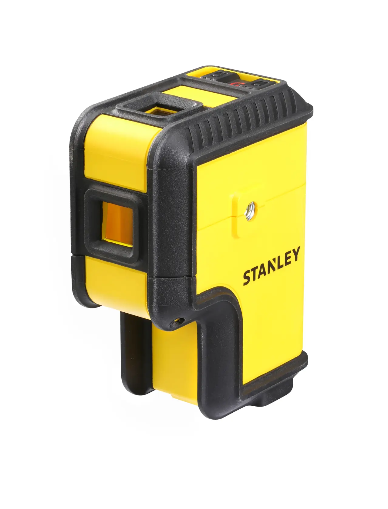 Photo of STANLEY STHT77503-1 yellow and black cross line laser level, angled on white background.