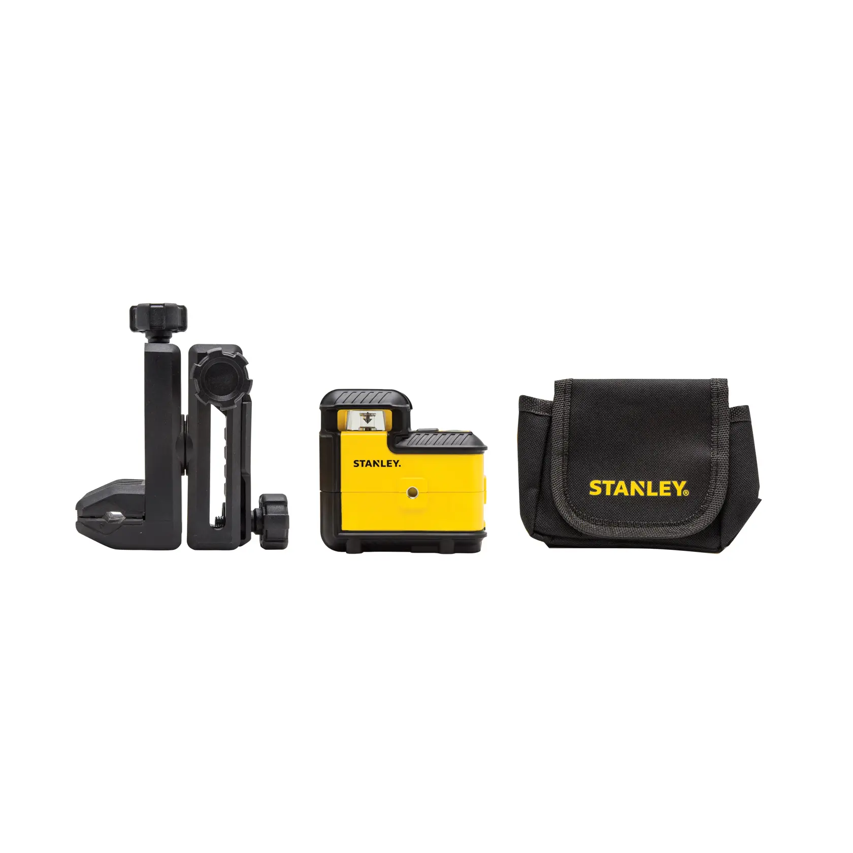 Stanley yellow laser level kit with mount and black carrying pouch shown side by side on a white background.