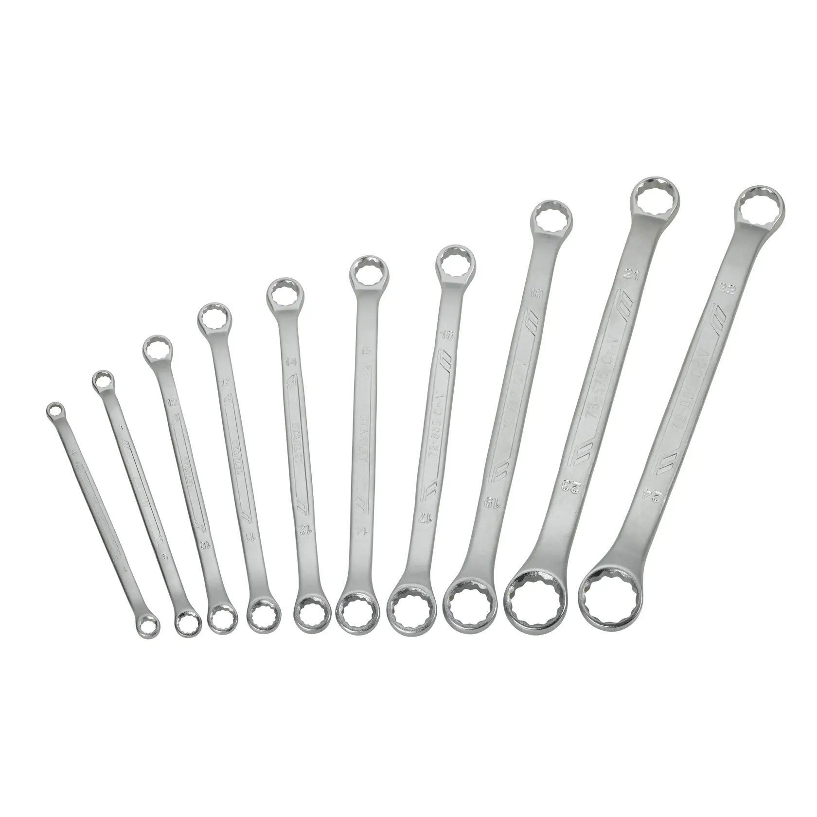 STANLEY STMT1-74177 combination wrench set, 10-piece, silver metal tools arranged in size order, top view.