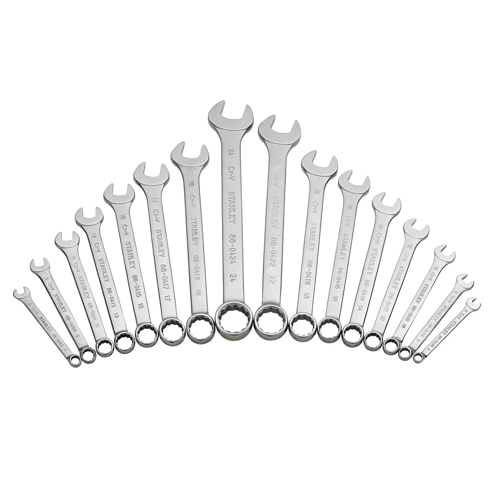Photo of STANLEY STMT1-74178 spanner set, silver wrenches evenly arranged, white background, product category: Photography.