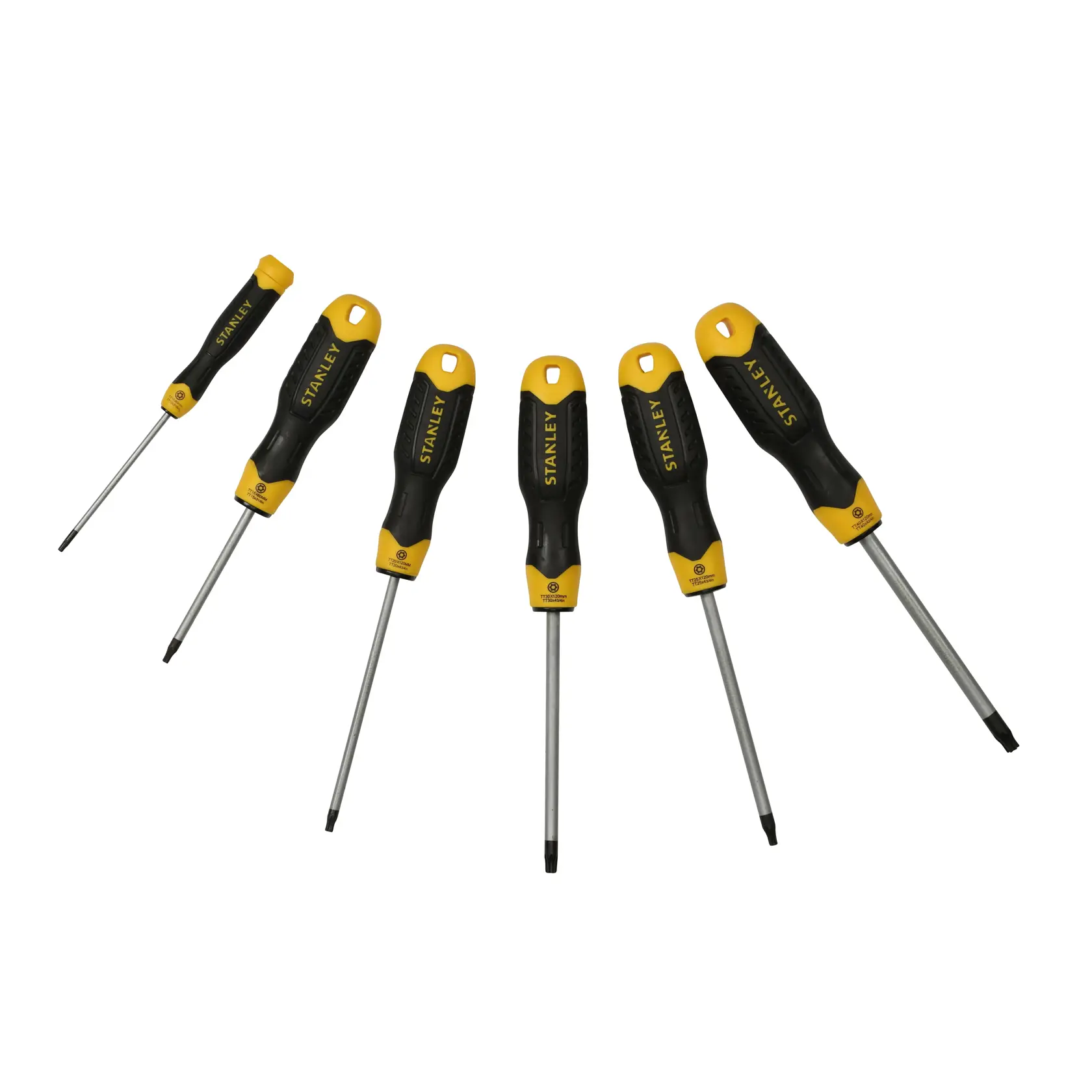 Photo of STANLEY STMT1-74182 screwdriver set, six black and yellow screwdrivers on white background, front angle.
