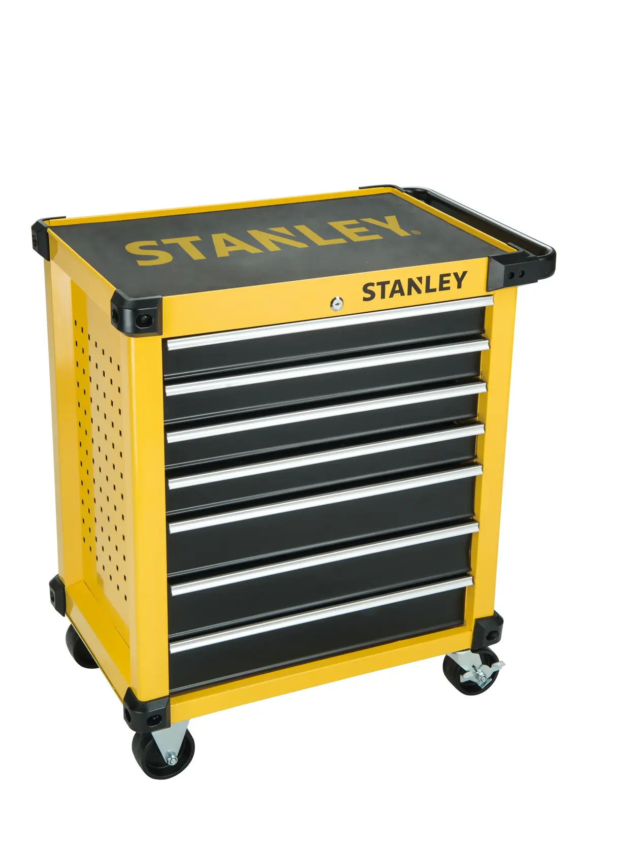 Stanley STMT1-74306 tool chest in yellow and black, six drawers, side angle, on caster wheels.