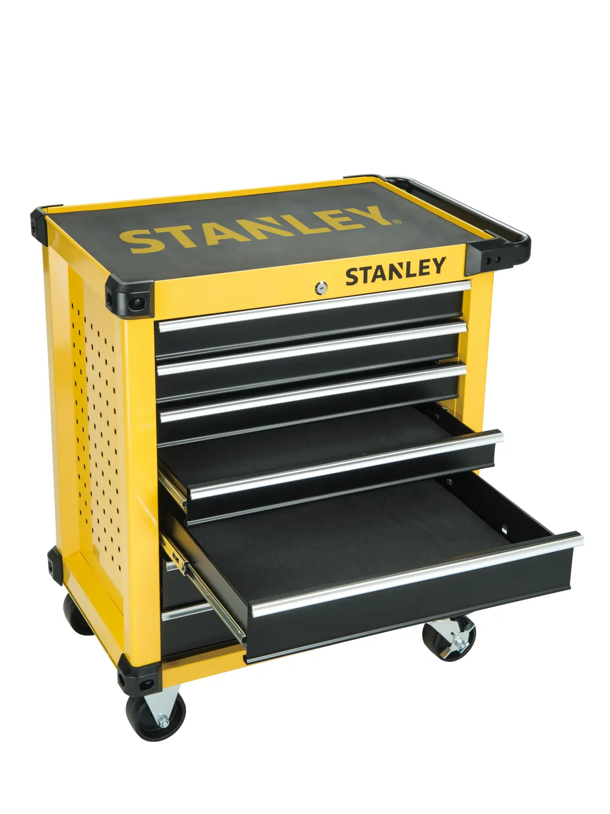 Stanley yellow rolling tool cabinet with open drawers and black top, suitable for storage and organization.