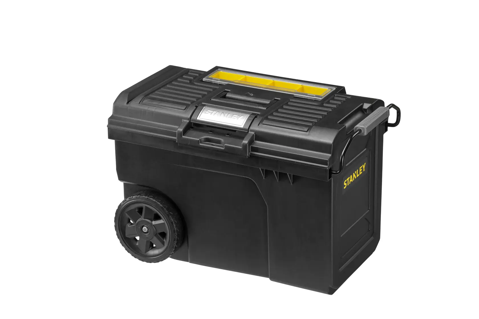 Photo of STANLEY STST1-70715 black wheeled toolbox with yellow compartment, side handle, and metal latch, angled view.